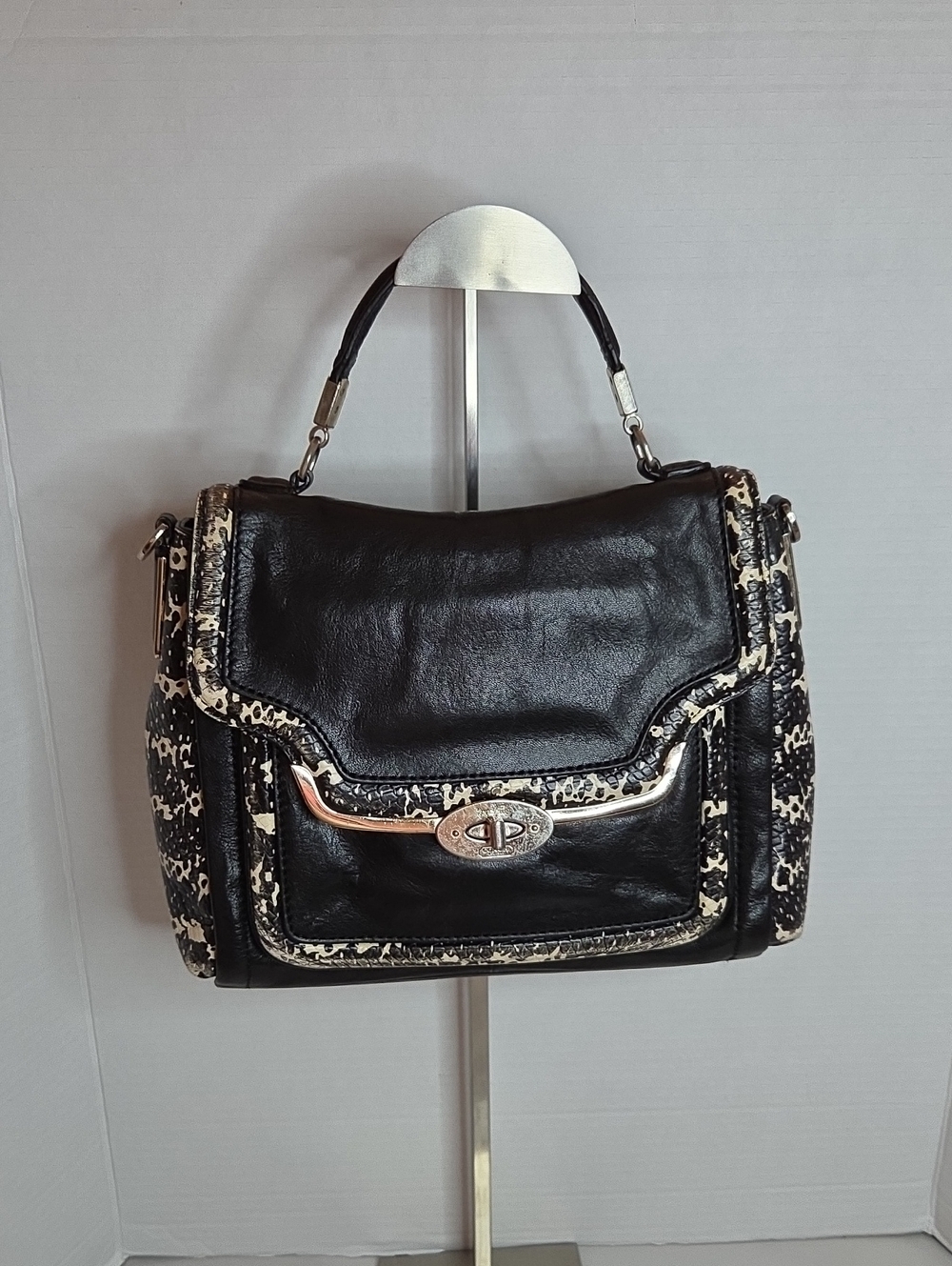 Coach Black Satchel with Cream-Patterned Trim